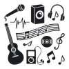 Music-themed sticker set 1888 - Features microphone, speaker, headphones, notes, guitar, and vinyl.