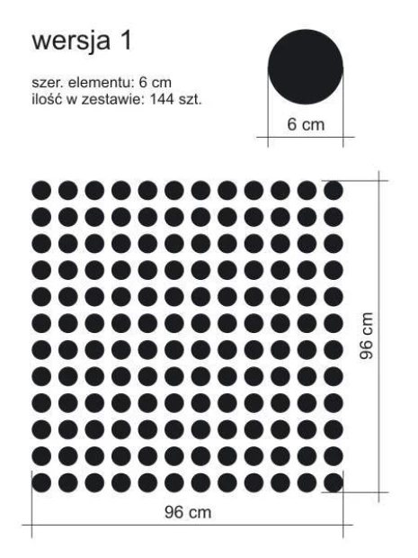 Dot stickers set 1998 - Graphic design. Black circles with a diameter of 6 cm arranged in a regular pattern on a white background.