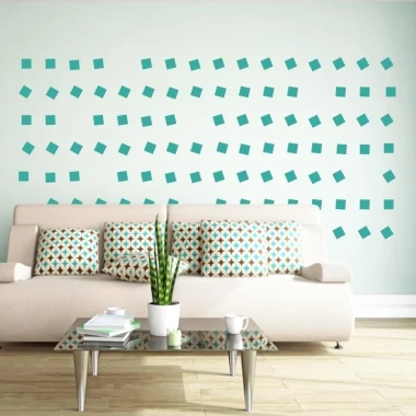 Square stickers set 1995 - Living room arrangement. Light-colored wall, sofa in a light shade with cushions.