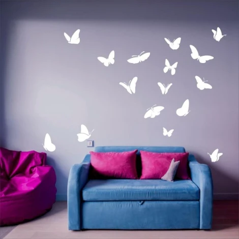 Butterfly stickers set 1893 - Decor in a light-colored living room with pink and blue furniture.