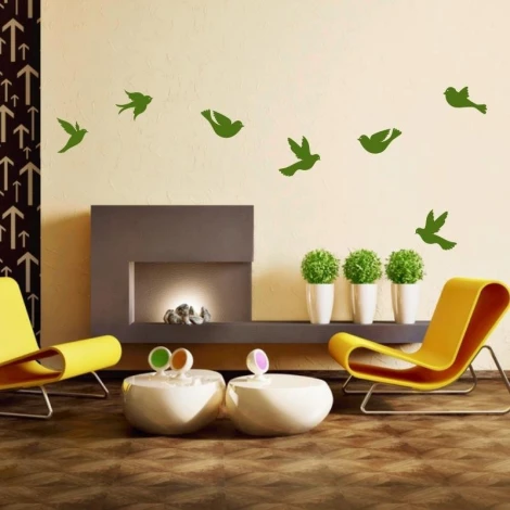 Bird stickers set 1894 - Living room arrangement with light-colored walls and furniture in shades of yellow and gray.