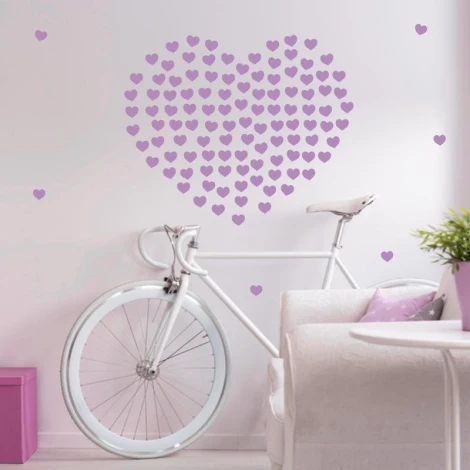 Heart stickers set 1982 - Graphic design featuring small purple hearts arranged in the shape of a large heart.