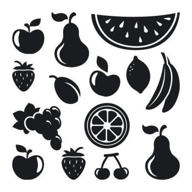 Fruit and vegetable stickers set 1892 - Graphic design featuring shapes of apples, pears, strawberries, and lemons.