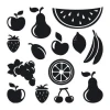 Fruit and vegetable stickers set 1892 - Graphic design featuring shapes of apples, pears, strawberries, and lemons.