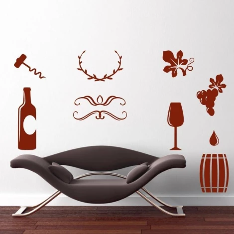 Wine stickers set 1890 - Styled in a living room with light-colored walls and modern brown furniture.