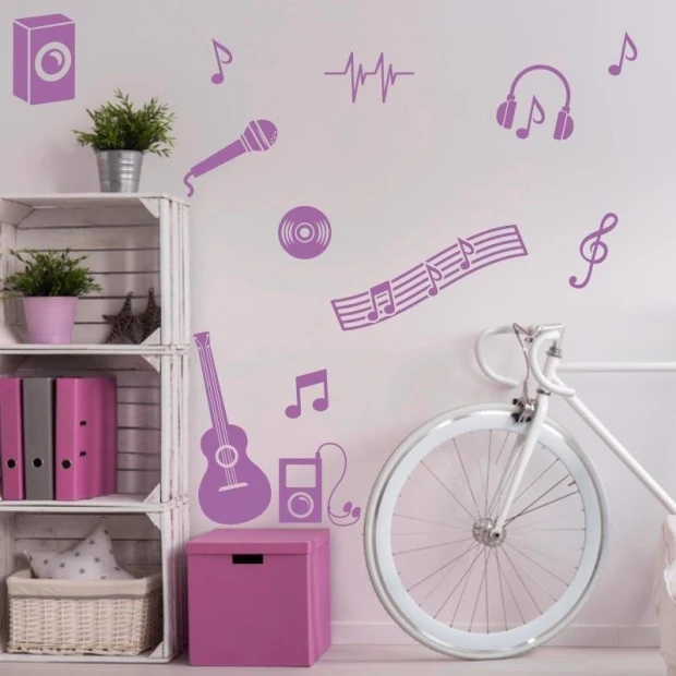 Music-themed sticker set 1888 - Room arrangement with light-colored walls and pink furniture.