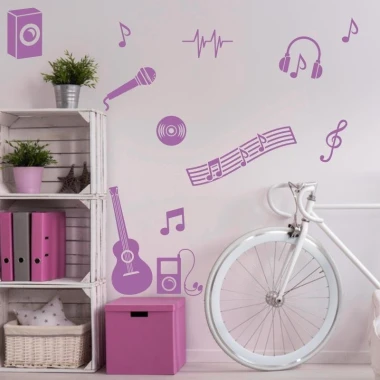 Music-themed sticker set 1888 - Room arrangement with light-colored walls and pink furniture.