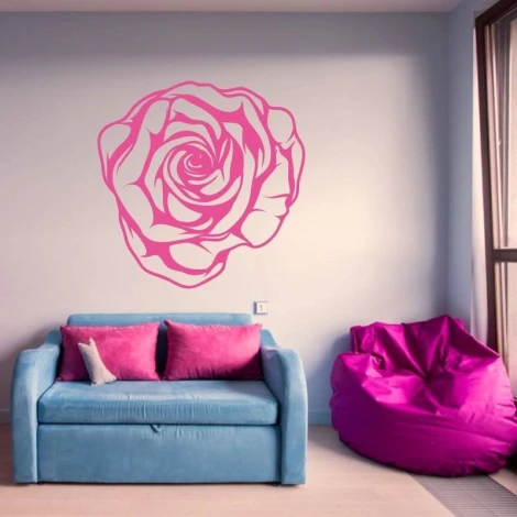 Rose flower sticker 2043 - Living room decor with light walls, blue sofa, and pink cushions.