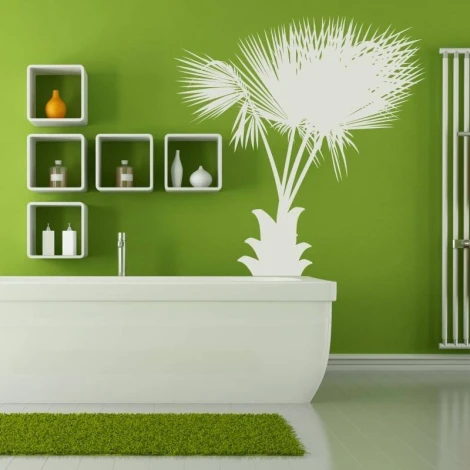 Palm sticker 2042 - Bathroom decor. Green walls, white bathtub, and shelves with decorations.