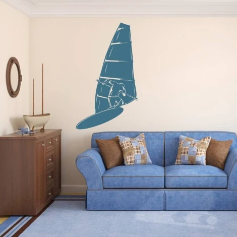 Windsurfing sticker 2041 - Living room setup with light-colored walls and a blue sofa with checkered cushions.