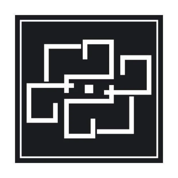 Abstract decorative sticker 2018 - Graphic design with white geometric shapes on a black background.
