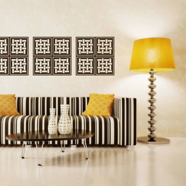 Abstract decorative sticker 2019 - Living room arrangement with light-colored walls and striped furniture.