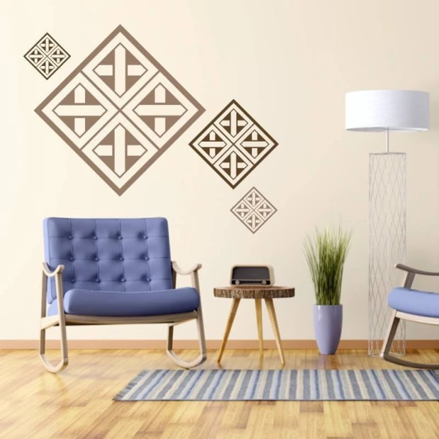 Abstract decorative sticker 2023 - Living room arrangement with light walls and furniture in shades of blue and brown.