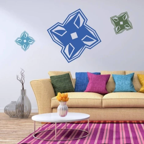 Abstract decorative sticker 2024 - Living room arrangement with light walls, beige sofa, and cushions.