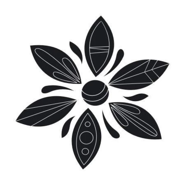 Decorative sticker abstract 2025 - Graphic design featuring a stylized flower with leaves and a round center.