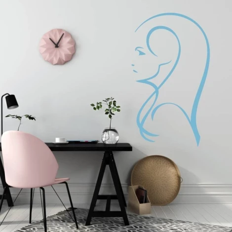 Decorative sticker female profile 2031 - Office arrangement with light-colored walls and minimalist furniture.