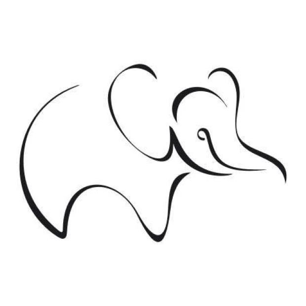 Decorative elephant sticker 2014 - Graphic design featuring an outlined elephant with distinct curves and spirals.