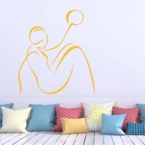 Decorative sticker silhouette 2036 - Living room setup with light walls, wooden floor, and colorful cushions.