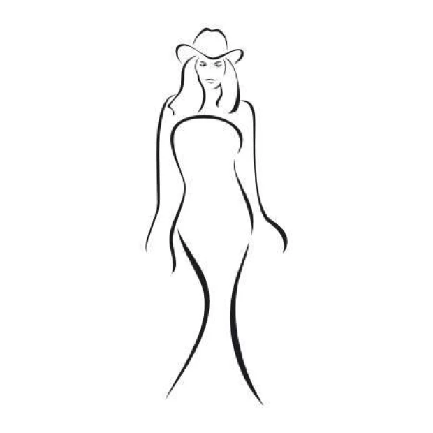 Decorative sticker featuring a woman silhouette in a long dress and hat, in color.