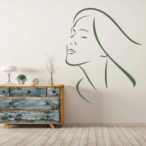 Decorative face sticker 2032 - Living room setup with light walls and rustic wooden furniture.