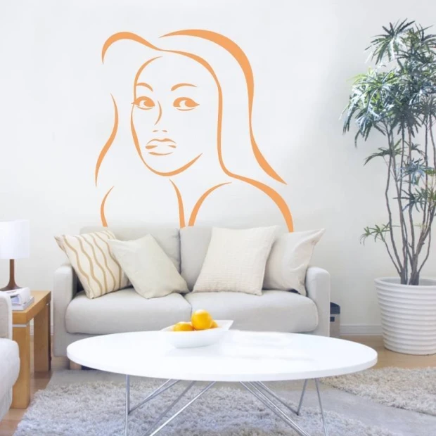 Decorative sticker of a woman\'s face 2038 - Living room setup with light walls and muted furniture.