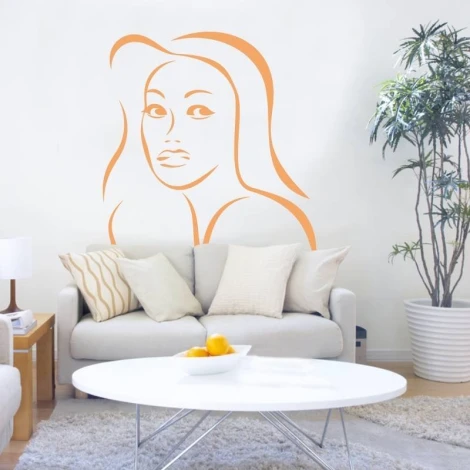 Decorative sticker of a woman\'s face 2038 - Living room setup with light walls and muted furniture.