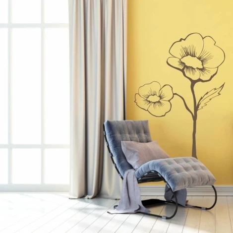Flower sticker 2044 - Living room arrangement. Yellow wall, light curtains, gray armchair.