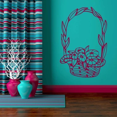 Floral composition sticker 2051 - Room arrangement with turquoise wall, striped curtains, vase, and rug.
