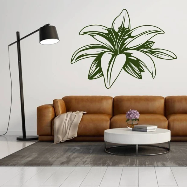 Flower sticker 2046 - Living room setup with light-colored walls, brown sofa, and black lamp.
