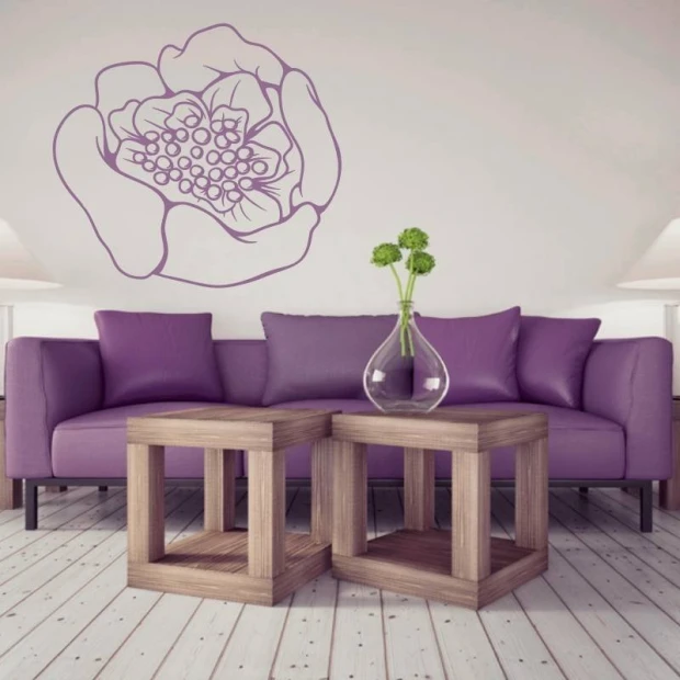 Flower sticker 2081 - Living room arrangement. Light-colored walls, furniture in shades of purple.