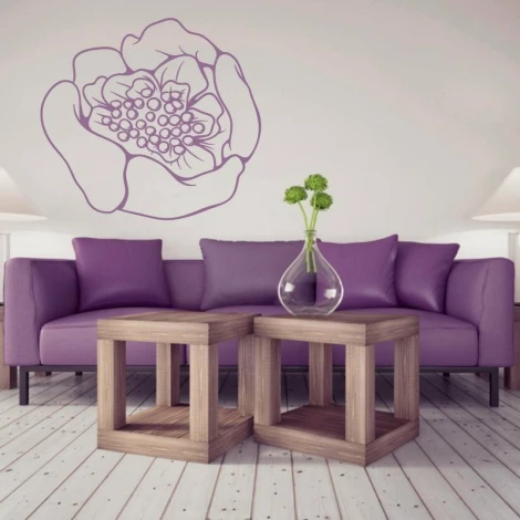 Flower sticker 2081 - Living room arrangement. Light-colored walls, furniture in shades of purple.