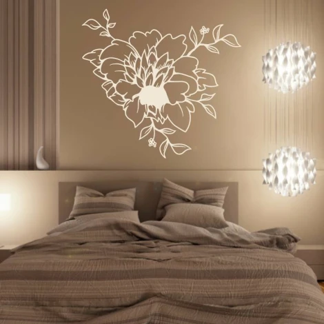 Flower sticker 2084 - Bedroom decor with light-colored walls, gray pillow bed, and hanging lamps.