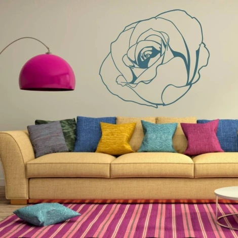 Rose flower sticker 2079 - Living room arrangement with light walls, beige sofa, and colorful cushions.