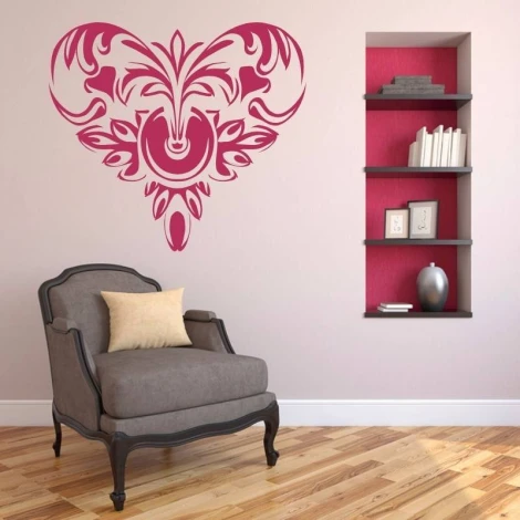 Heart ornament sticker 2072 - Living room setup with light walls, wooden floor, and classic furniture.