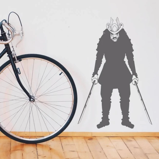 Samurai sticker 2074 - Room setup with light-colored wall, wooden floor, and a bike nearby.
