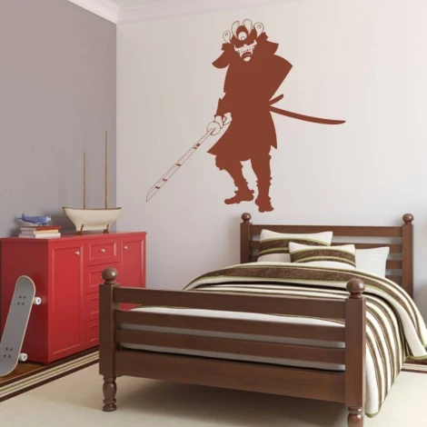 Samurai sticker 2076 - Bedroom decor with light-colored walls and furniture in shades of brown and red.