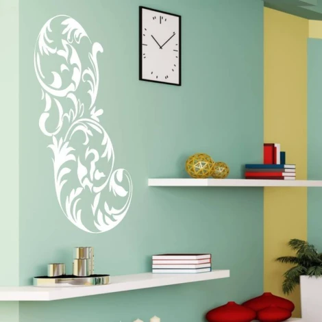 Floral wall sticker 2065 - Living room decor with mint green wall and light-colored shelves.