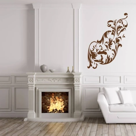 Floral wall sticker 2066 - Living room setup with light walls, classic fireplace, and a light sofa.