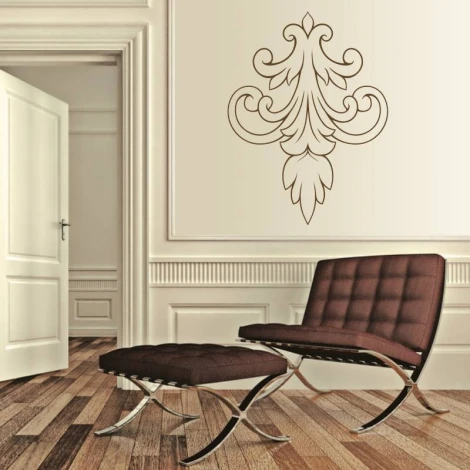 Floral wall sticker 2068 - Living room decor with light walls, wooden floor, and dark furniture.
