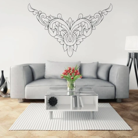 Floral wall sticker 2069 - Living room decor with gray walls, light sofa, and glass table.