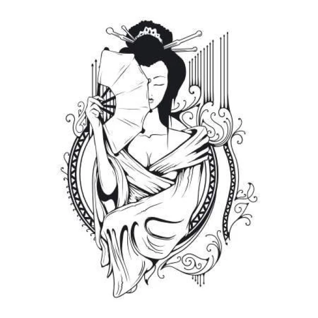 Geisha wall sticker 2054 - Graphic design featuring a geisha holding a fan, surrounded by ornaments.