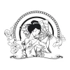 Geisha wall sticker 2055 - Graphic design featuring a geisha with a fan, decorative lines, and motifs.