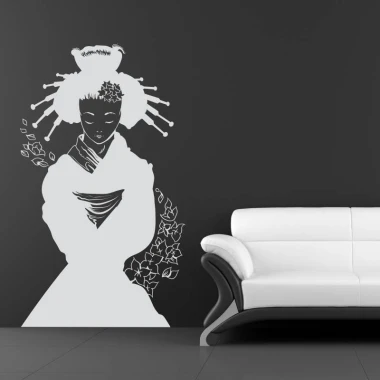 Wall sticker Japanese 2058 - Living room decor. Dark wall, light modern sofa.