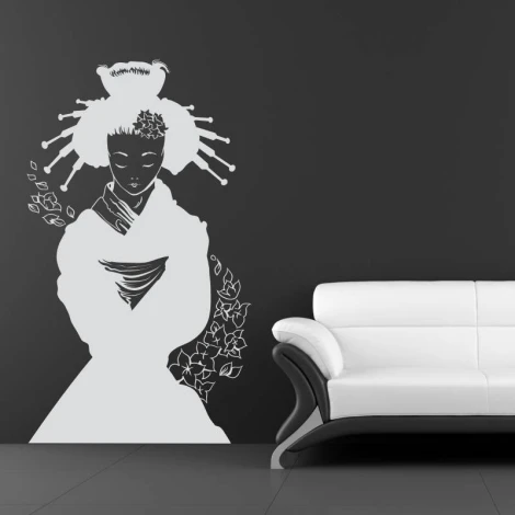 Wall sticker Japanese 2058 - Living room decor. Dark wall, light modern sofa.