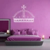 Crown wall sticker 2063 - Bedroom decor with purple walls, gray headboard, and pillows.