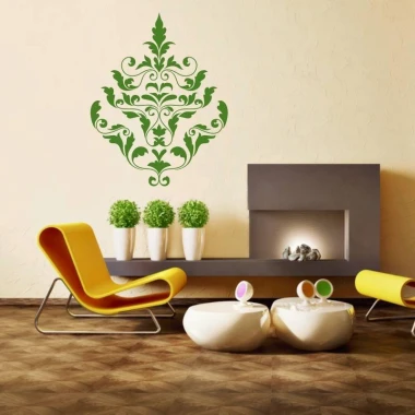 Wall sticker ornament 2061 - Living room setup with light walls, wooden floor, and modern furniture.