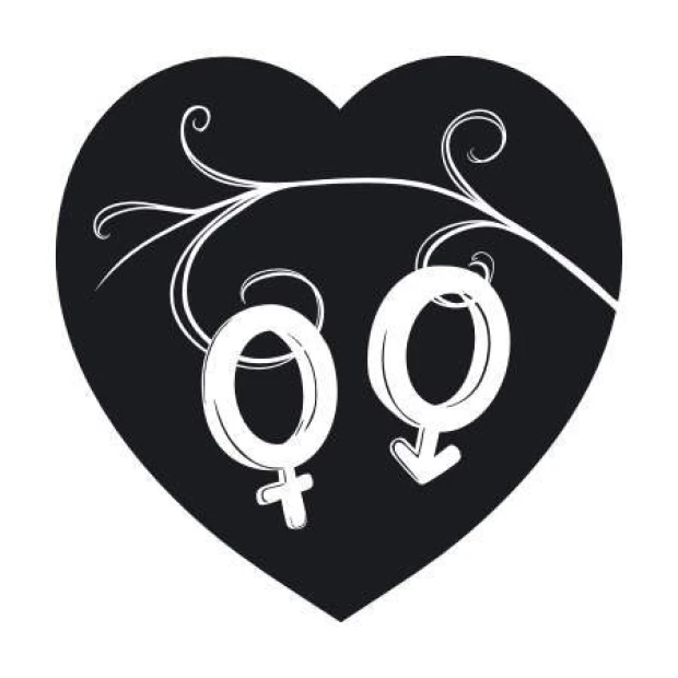 Wall sticker heart 2060 - Graphic design. Black heart with white gender symbols and delicate lines.