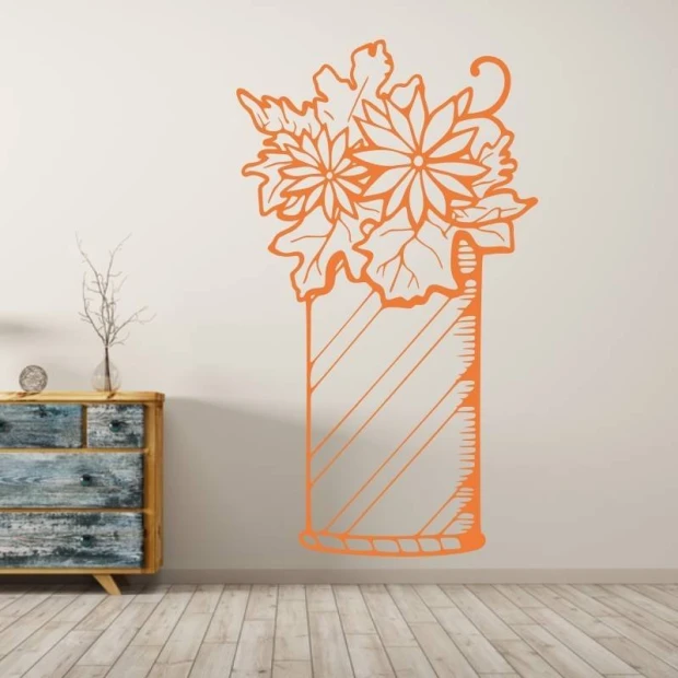 Vase sticker with flowers 2049 - Living room arrangement. Light-colored walls, rustic wooden furniture.