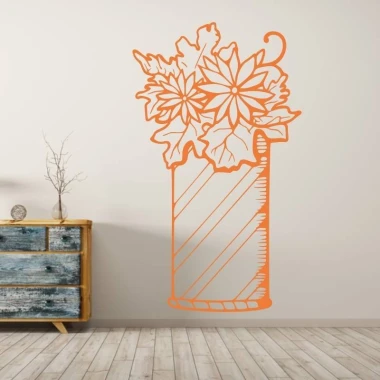 Vase sticker with flowers 2049 - Living room arrangement. Light-colored walls, rustic wooden furniture.