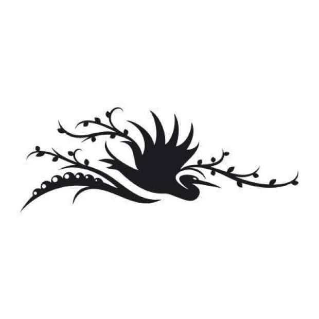 Decorative sticker heron 2122 - Graphic design. Heron in flight with wavy lines and delicate branches.